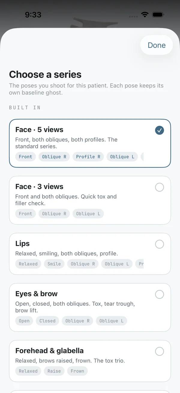 Choosing a series: Face 5 views, Face 3 views, Lips, Eyes and brow, Forehead